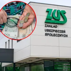 Ręce z pieniędzmi i okularami przed budynkiem ZUS. Dowiedz się, jak obliczyć składkę zdrowotną od emerytury.