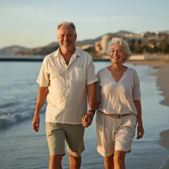Szczęśliwa para seniorów spaceruje po plaży. Czy ich emerytura w Hiszpanii pozwala na takie beztroskie życie?