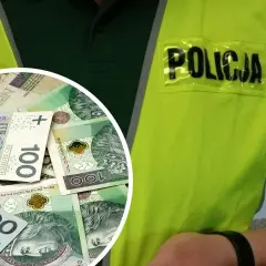 Policjant w kamizelce odblaskowej, obok stos banknotów 100 zł. Zastanawiasz się, ile wynosi emerytura policjanta po 25 latach pracy netto?