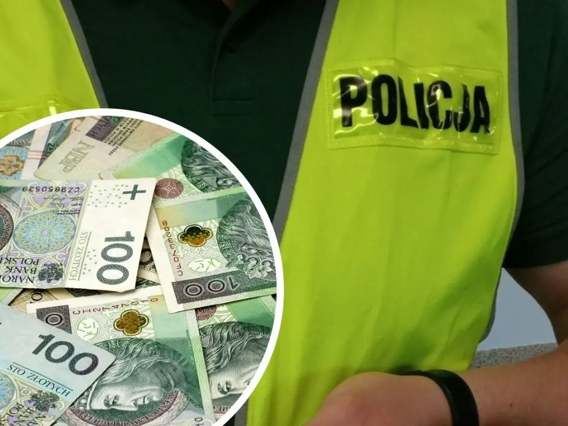 Policjant w kamizelce odblaskowej, obok stos banknotów 100 zł. Zastanawiasz się, ile wynosi emerytura policjanta po 25 latach pracy netto?