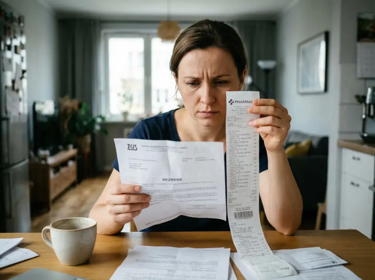 Zmartwiona kobieta analizuje dokumenty ZUS i paragon. Czy pobierając rentę rodzinną, jest się ubezpieczonym?