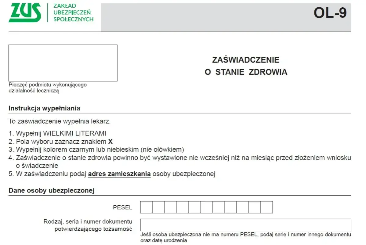 Formularz ZUS OL-9. Zaświadczenie o stanie zdrowia, które powinno być wystawione nie wcześniej niż na miesiąc przed złożeniem wniosku o przedłużenie renty.