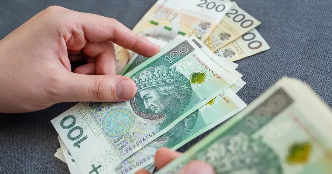 Dłoń przelicza banknoty 100 zł i 200 zł. Zastanawiasz się, ile wynosi najniższa renta rodzinna?